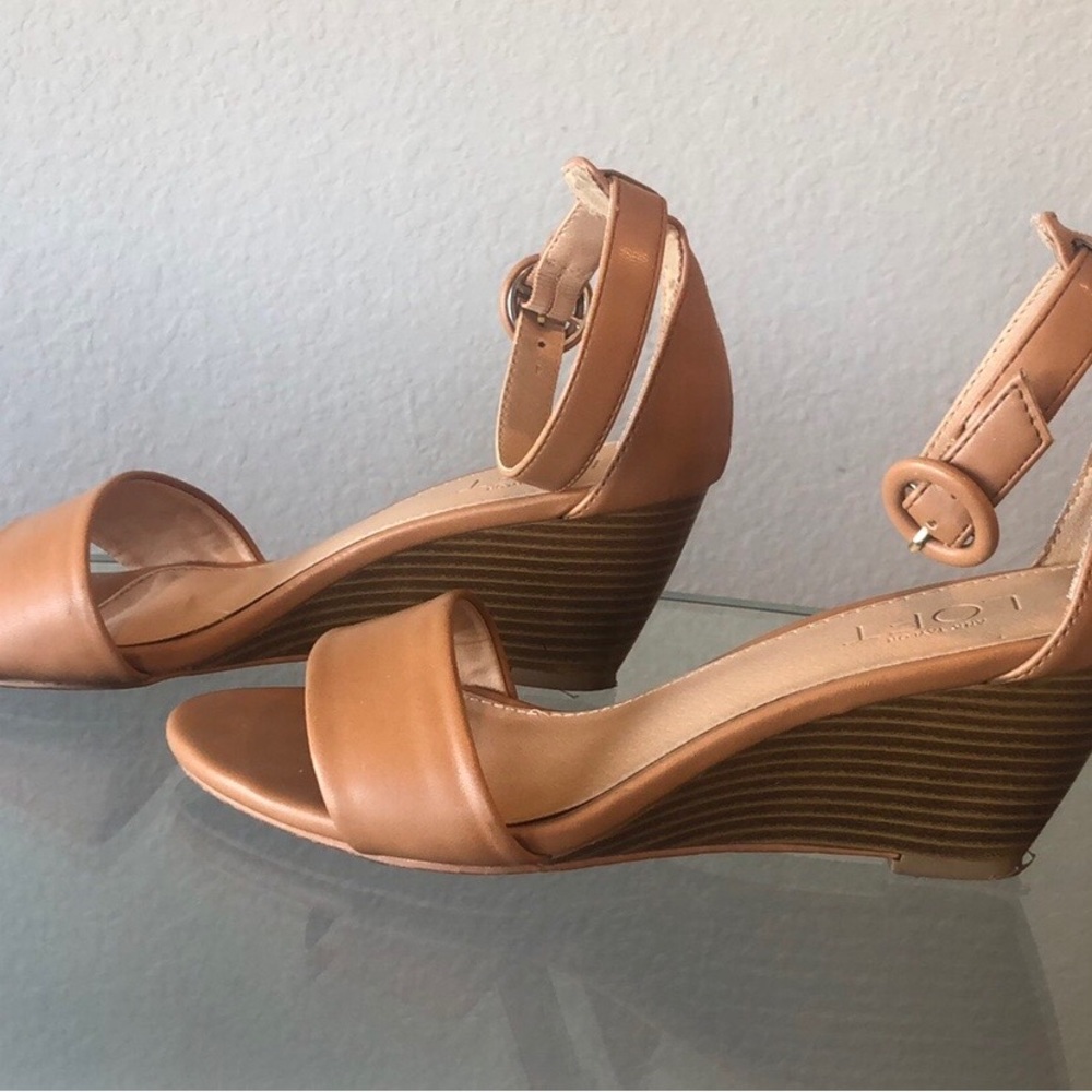 Ankle strap wedge sandals from Loft. Tan leather.